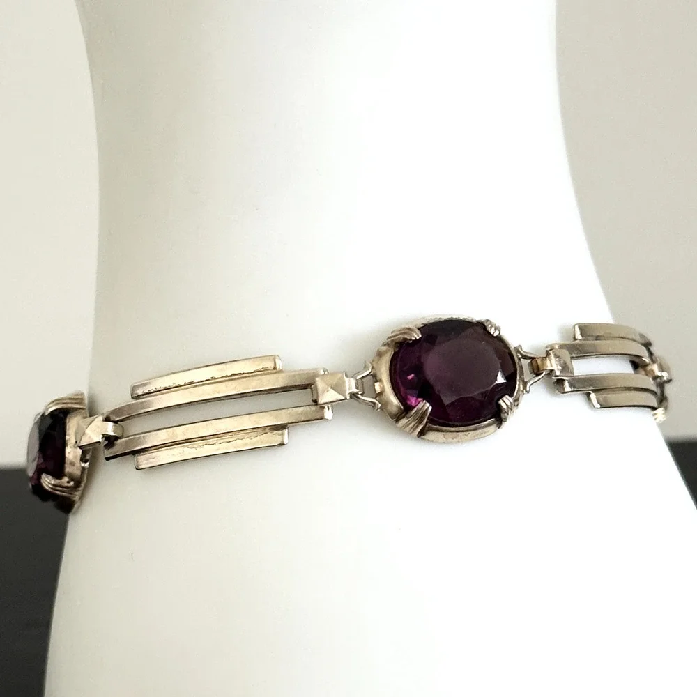 Symmetalic 925 Sterling Silver & 14K Gold Two Tone Purple Faceted Glass Bracelet